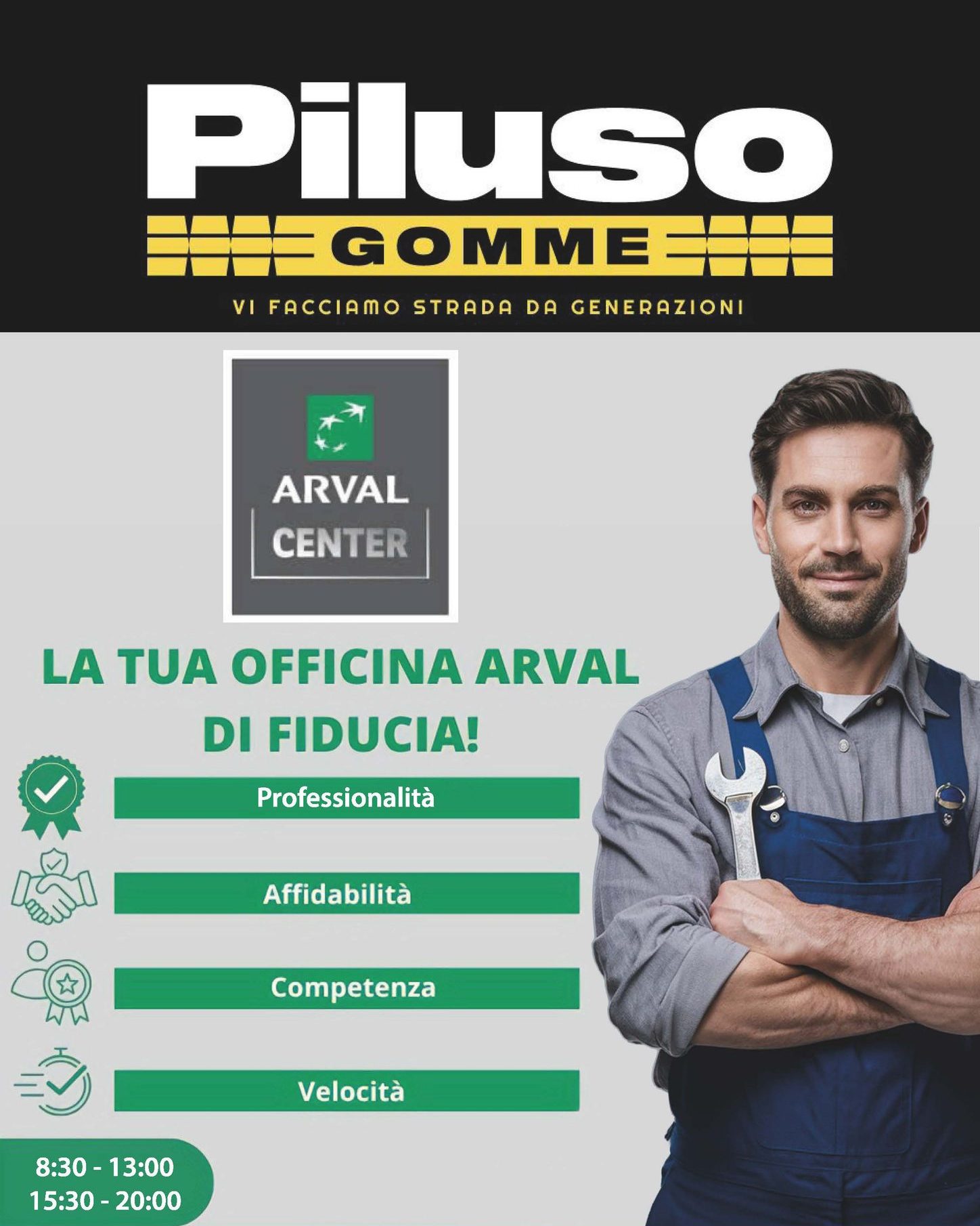 Piluso Gomme è officina Arval di fiducia 🚗🔧
Questo significa una cosa sola: professionalità, affidabilità, competenza e velocità in ogni intervento.
Che si tratti di pneumatici, controlli o manutenzione, la tua auto è sempre in buone mani.
Piluso Gomme: la sicurezza di poter contare su chi sa davvero prendersi cura della tua vettura. ✅💼~ ~ ~
Tutte le soluzioni per la tua Auto/Moto/Camion
in Via Fisicara 6/A, Caltagirone (CT)
tel. +39 0933 51275www.pilusogomme.it
#piluso #pilusogomme #caltagironeADV | @agenziafiico
#fiico #fiicopubblicità