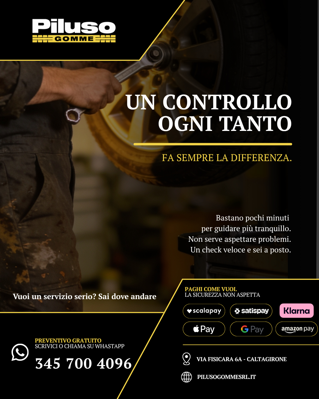 Aspettare che qualcosa non vada è sempre la scelta peggiore.
A volte bastano pochi minuti per evitare problemi e guidare con più tranquillità.
Un controllo fatto al momento giusto cambia tutto.📍 VIA FISICARA 6 CALTAGIRONE
📞 Cell: 3457004096
📞 093351275
Ti aspettiamo da PILUSO GOMME SRL.
Da due generazioni, la tua sicurezza su strada.