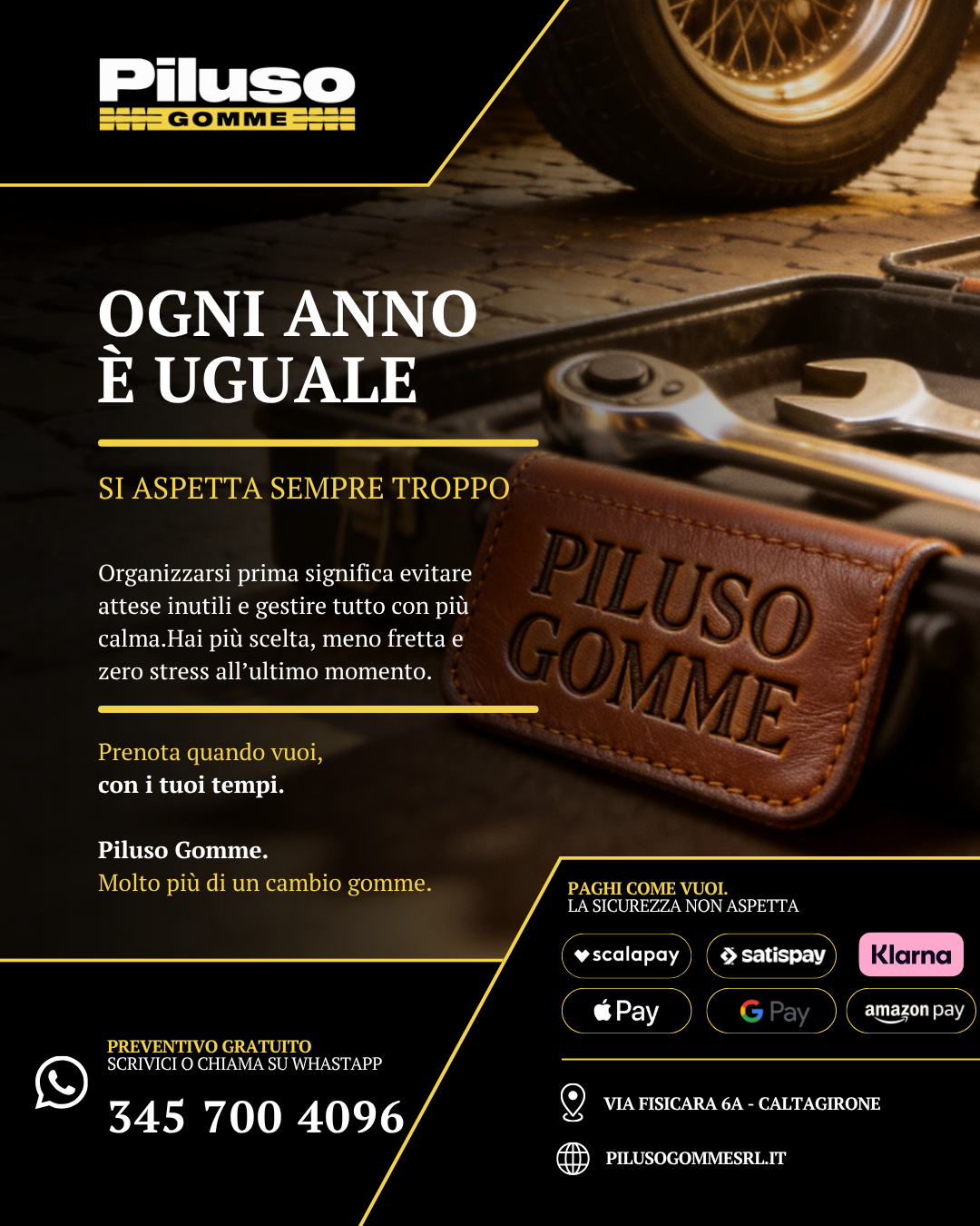 Ogni anno è sempre la stessa storia.
Aspetti l’ultimo momento e ti ritrovi a correre, con meno scelta e più attese.
Organizzarsi prima cambia tutto: più calma, più disponibilità, zero stress.📍 VIA FISICARA 6 CALTAGIRONE
📞 Cell: 3457004096
📞 093351275
Ti aspettiamo da PILUSO GOMME SRL.
Da due generazioni, la tua sicurezza su strada.