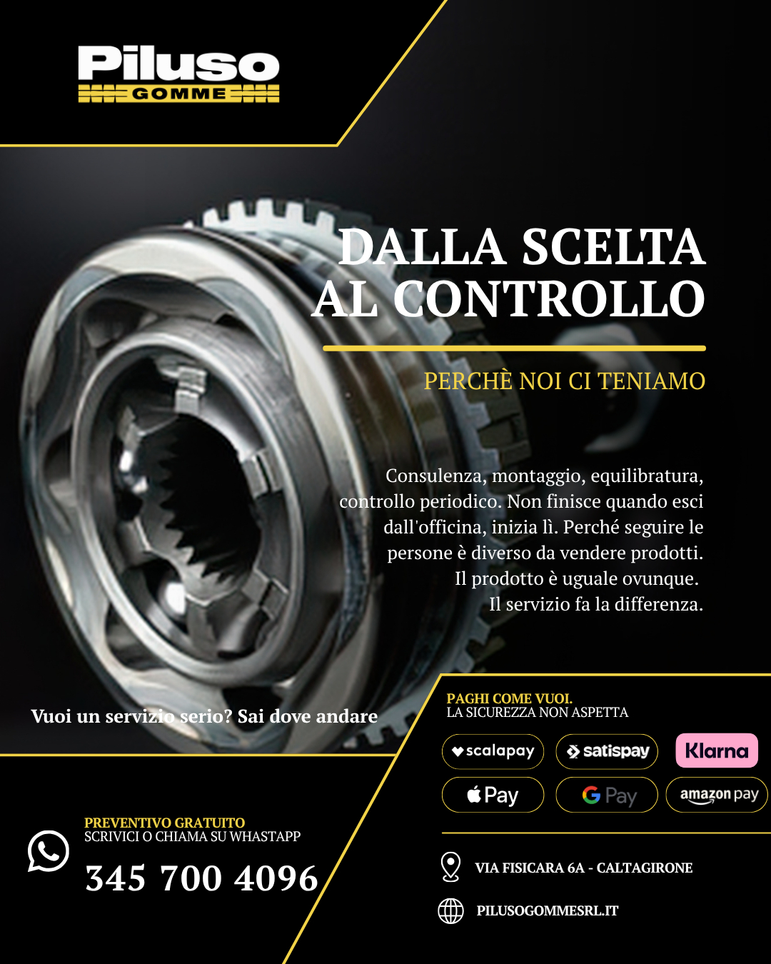 Molti pensano che il lavoro finisca quando l'auto lascia l'officina.
In realtà è proprio da quel momento che si capisce se hai scelto qualcuno che vende pneumatici o qualcuno che si prende cura della tua sicurezza.📍 VIA FISICARA 6 CALTAGIRONE
📞 Cell: 3457004096
📞 093351275
Ti aspettiamo da PILUSO GOMME SRL.
Da due generazioni, la tua sicurezza su strada