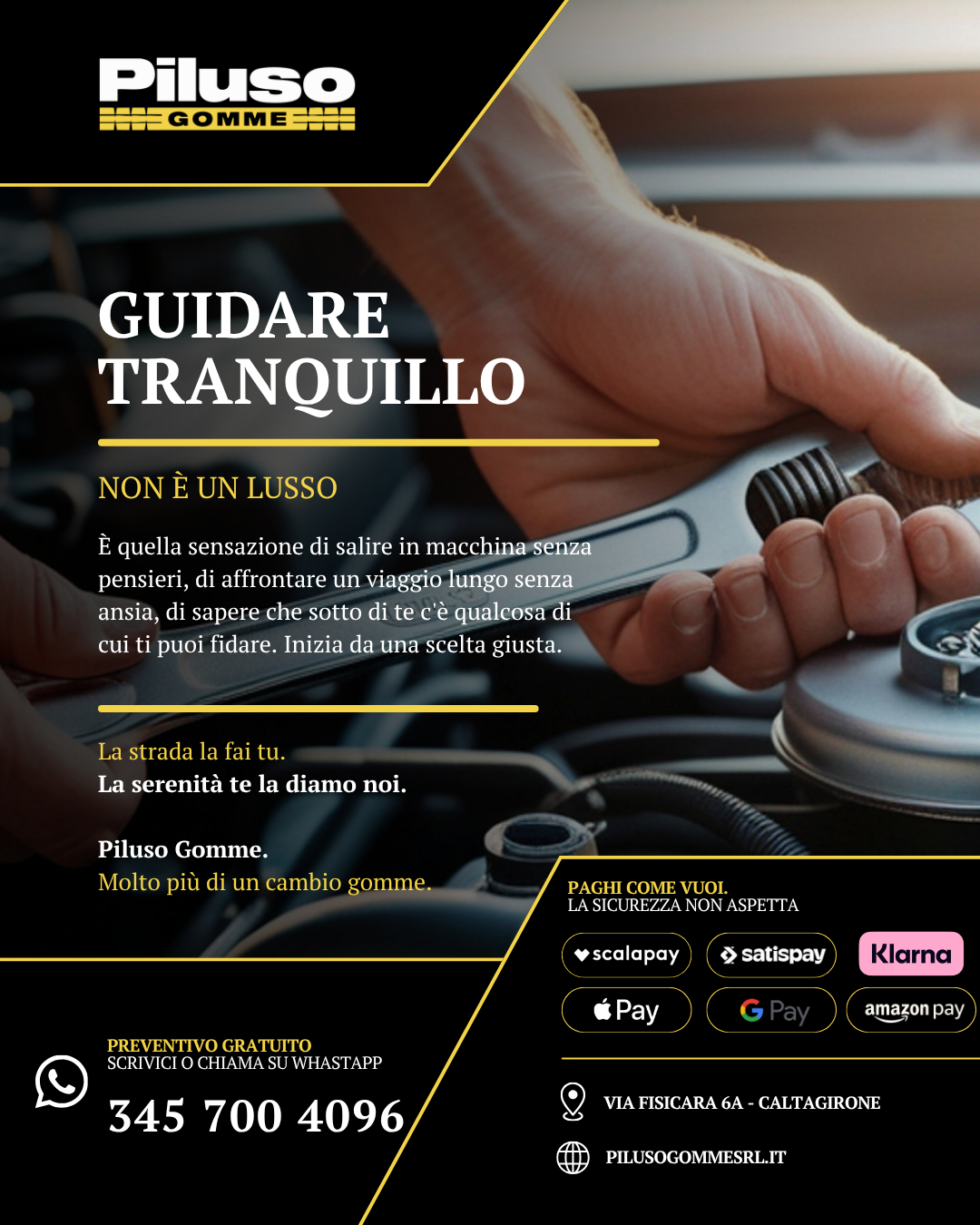 Sai qual è la parte più sottovalutata di ogni viaggio?
Non è la destinazione. È la tranquillità con cui ci arrivi.
Quella non dipende dal caso, ma dalle scelte che fai prima di partire.📍 VIA FISICARA 6 CALTAGIRONE
📞 Cell: 3457004096
📞 093351275
Ti aspettiamo da PILUSO GOMME SRL.
Da due generazioni, la tua sicurezza su strada